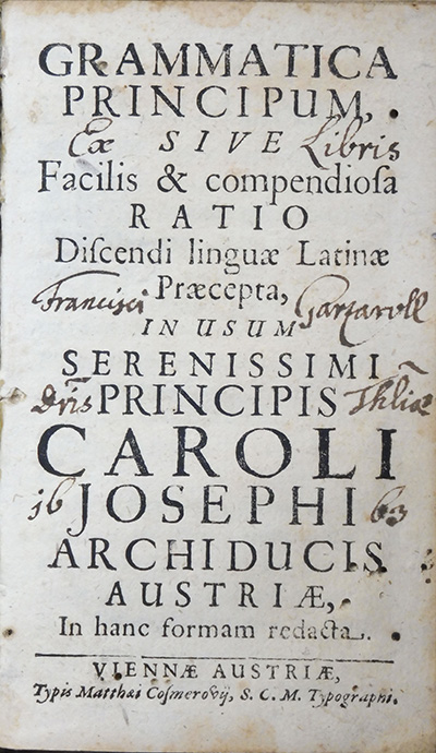 Titelblatt: Johann Matthiae: Grammatica Principum Sive Facilis & compendiosa Ratio Discendi linguæ Latinæ Præcepta.
