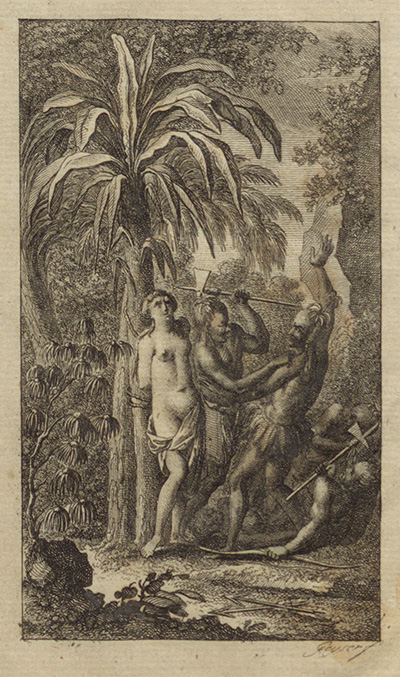 Frontispiz des Werkes „Kiashuta, der Wilde vom Stamme der Mohawks. Eine Geschichte aus dem letztern Amerikanischen Kriege“ von Michel René Hilliard d'Auberteuil.   Frontispiz des Werkes „Kiashuta, der Wilde vom Stamme der Mohawks. Eine Geschichte aus dem letztern Amerikanischen Kriege“ von Michel René Hilliard d'Auberteuil.