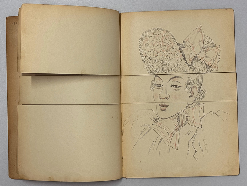 Kombination aus dem Buch „Die Frau Bas“. Karikatur einer Frau, es können jeweils Stirn und Hut, Augen und Nase sowie Kinn und Schultern separat umgeblättert werden. Kombination aus dem Buch „Die Frau Bas“. Karikatur einer Frau, es können jeweils Stirn und Hut, Augen und Nase sowie Kinn und Schultern separat umgeblättert werden.