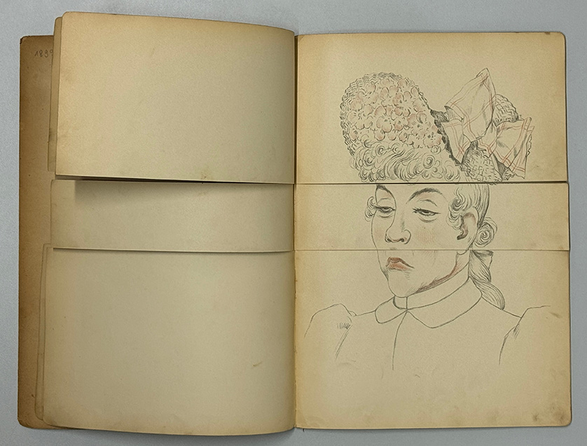 Kombination aus dem Buch „Die Frau Bas“. Karikatur einer Frau, es können jeweils Stirn und Hut, Augen und Nase sowie Kinn und Schultern separat umgeblättert werden. Kombination aus dem Buch „Die Frau Bas“. Karikatur einer Frau, es können jeweils Stirn und Hut, Augen und Nase sowie Kinn und Schultern separat umgeblättert werden.