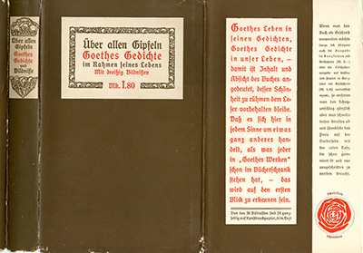 Schutzumschlag zu dem Band „Über allen Gipfeln“. Der Klappentext verrät, dass man die dort abgebildete Rose ausschneiden kann, um damit den Preis auf der Vorderseite des Schutzumschlages zu überkleben.  Schutzumschlag zu dem Band „Über allen Gipfeln“. Der Klappentext verrät, dass man die dort abgebildete Rose ausschneiden kann, um damit den Preis auf der Vorderseite des Schutzumschlages zu überkleben.