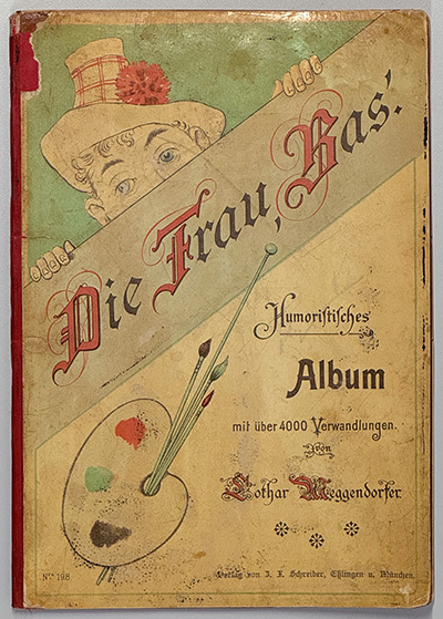 Vorderdeckel des Buches „Die Frau Bas“. Karikatur einer Frau, es können jeweils Stirn und Hut, Augen und Nase sowie Kinn und Schultern separat umgeblättert werden. Vorderdeckel des Buches „Die Frau Bas“. Karikatur einer Frau, es können jeweils Stirn und Hut, Augen und Nase sowie Kinn und Schultern separat umgeblättert werden.