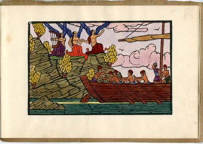 Kolorierter Holzschnitt mit dem Motiv des Odysseus, der sich an den Mast seines Schiffes binden läßt, um gefahrlos den Sirenen zu lauschen. 