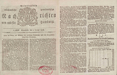 Erste und zweite Seite der Privilegirten wöchentlichen gemeinnützigen Nachrichten vom 2. Januar 1808 mit einem Artikel „Über die Rechte und Pflichten des weiblichen Geschlechts nach dem Französischen bürgerlichen Gesetzbuche“ Erste und zweite Seite der Privilegirten wöchentlichen gemeinnützigen Nachrichten vom 2. Januar 1808 mit einem Artikel „Über die Rechte und Pflichten des weiblichen Geschlechts nach dem Französischen bürgerlichen Gesetzbuche“