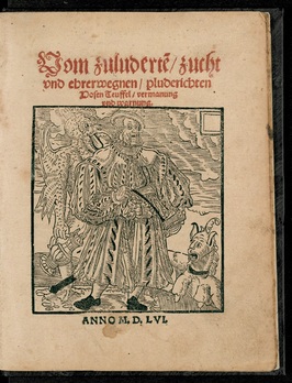 Titelblatt des Buches: Andreas Musculus : Vom zuluderte[n], zucht und ehrerwegnen, pluderichten Hosen Teuffel, vermanung vnd warnung.