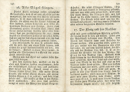 Zwei Seiten aus dem Buch: Vollständige Sammlung zweckmäßiger, angenehmer und unterhaltender sowohl älterer als neuerer Spiele. Zwei Seiten aus dem Buch: Vollständige Sammlung zweckmäßiger, angenehmer und unterhaltender sowohl älterer als neuerer Spiele.